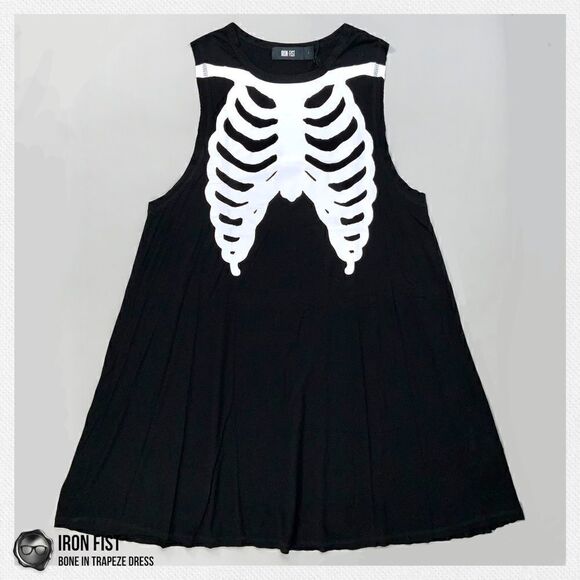DOLLS KILL /IRON FIST BONE IN TRAPEZE TANK DRESS BLACK WHITE SKELETON BONES NWT - Picture 14 of 15